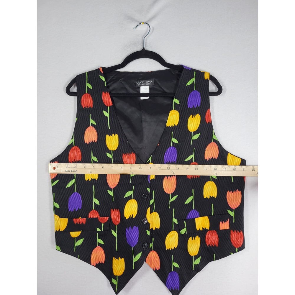 VTG Tulip Print Vest Womens L Black Floral Cottagecore Garden Floral USA 90s - Picture 8 of 9
